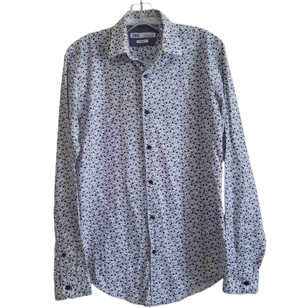 ZARA Men's Slim Fit Blue and White Floral LongSleeve Shirt Sz Small